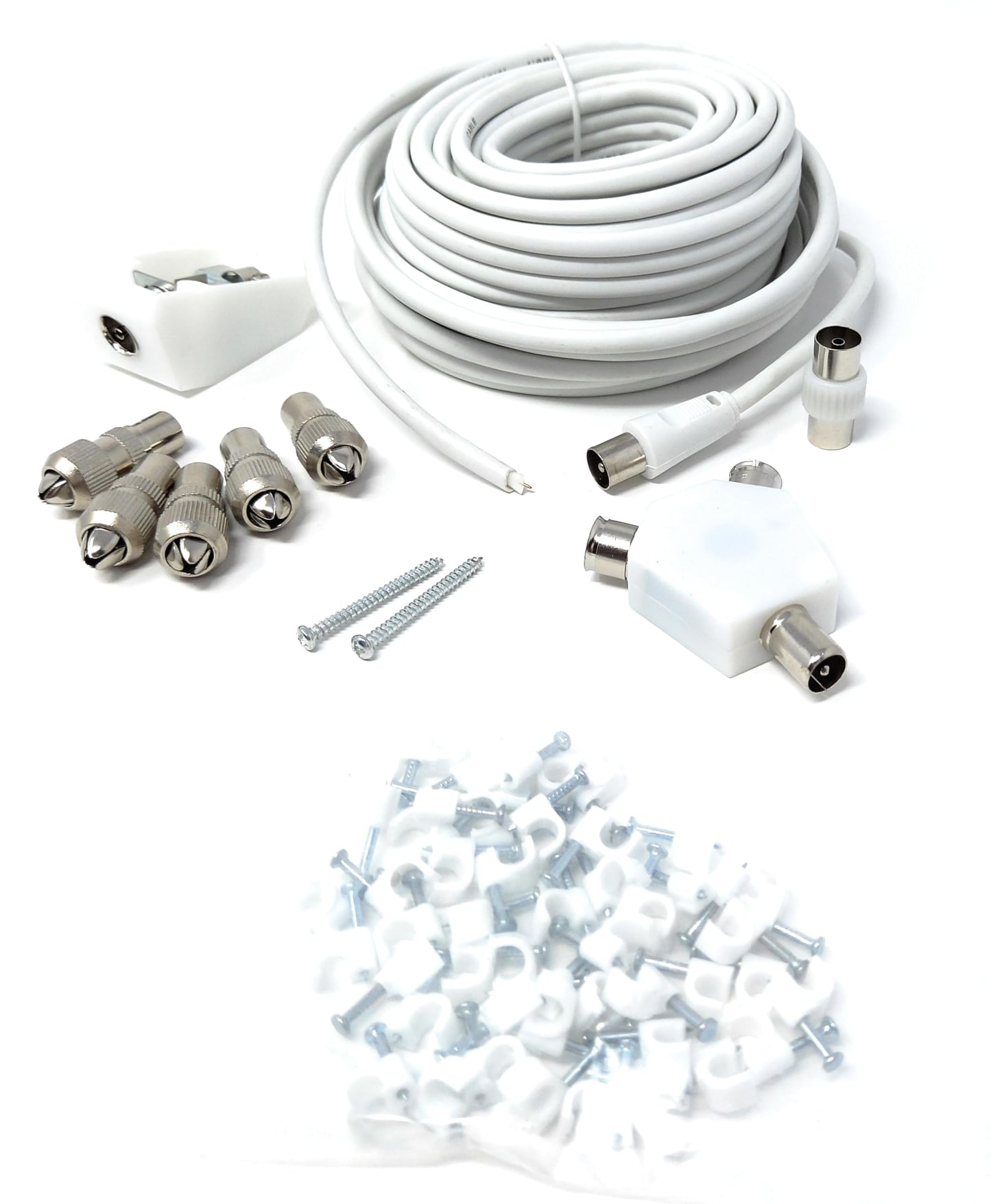 15m TV Cable Extension DIY Kit Coaxial Cable, 5 x Coaxial Plugs, 1 x Coaxial Couple, 1 x 2 Way Splitter, 1 x Coaxial Surface Mount Socket and 50 Cable Clips,