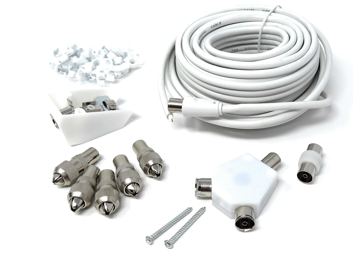 15m TV Cable Extension DIY Kit Coaxial Cable, 5 x Coaxial Plugs, 1 x Coaxial Couple, 1 x 2 Way Splitter, 1 x Coaxial Surface Mount Socket and 50 Cable Clips,