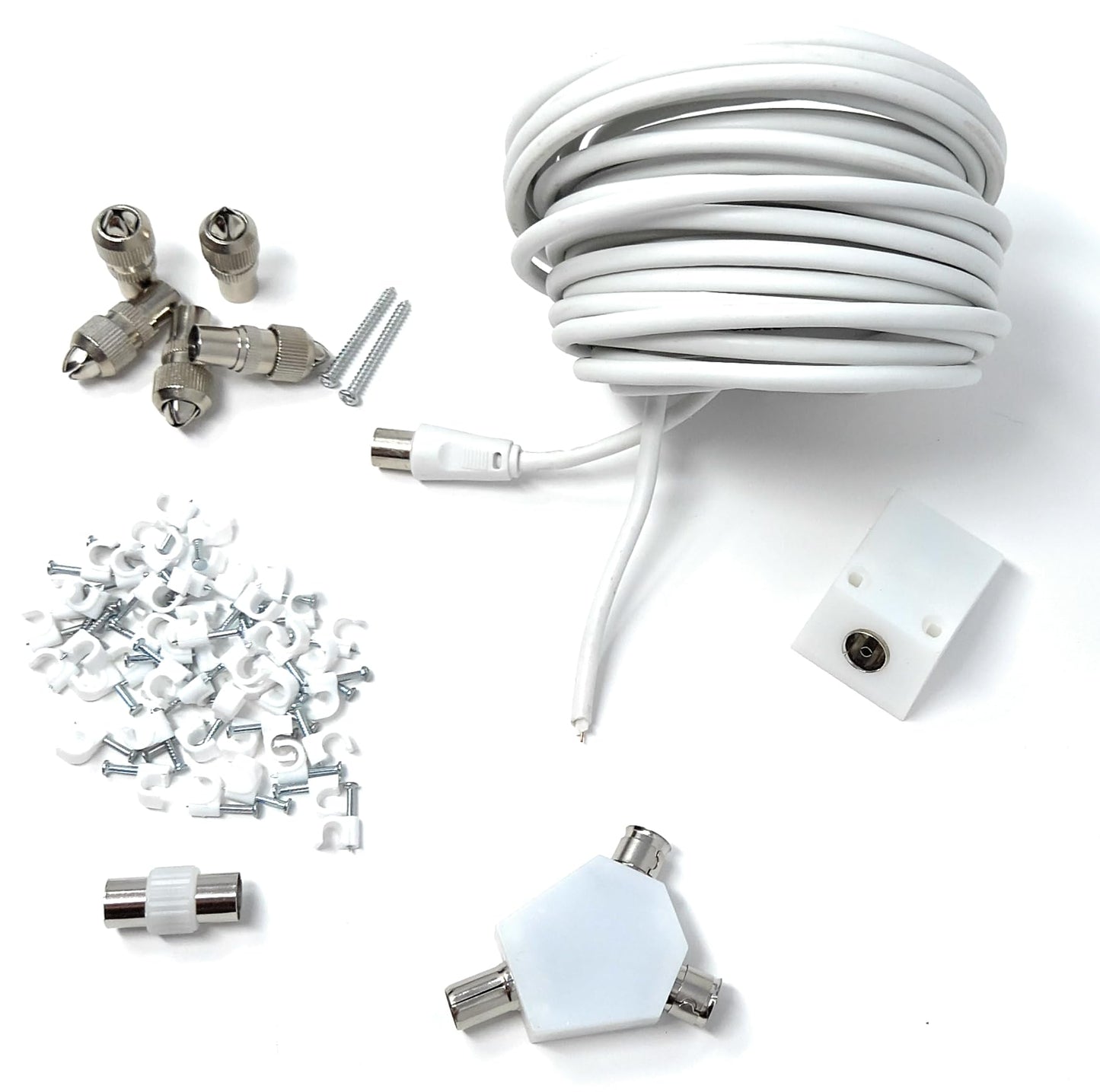 15m TV Cable Extension DIY Kit Coaxial Cable, 5 x Coaxial Plugs, 1 x Coaxial Couple, 1 x 2 Way Splitter, 1 x Coaxial Surface Mount Socket and 50 Cable Clips,