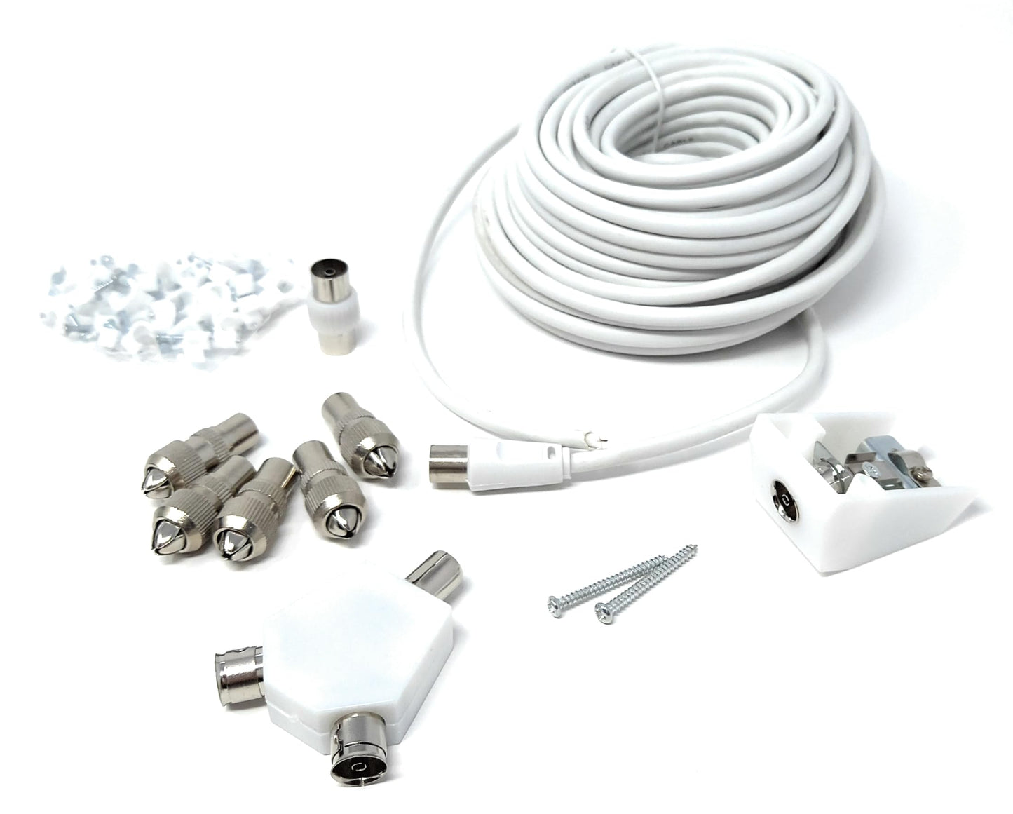15m TV Cable Extension DIY Kit Coaxial Cable, 5 x Coaxial Plugs, 1 x Coaxial Couple, 1 x 2 Way Splitter, 1 x Coaxial Surface Mount Socket and 50 Cable Clips,