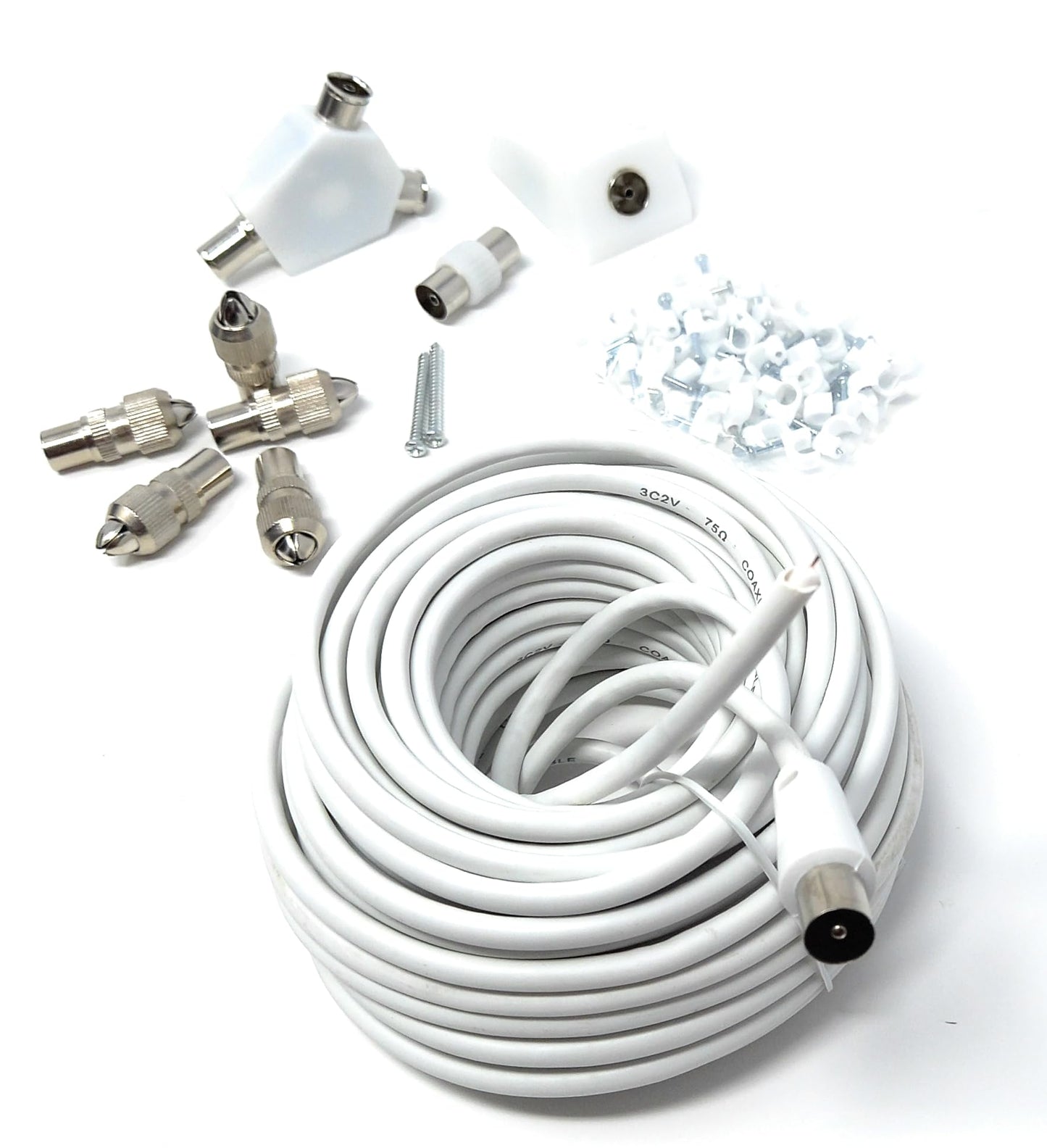 15m TV Cable Extension DIY Kit Coaxial Cable, 5 x Coaxial Plugs, 1 x Coaxial Couple, 1 x 2 Way Splitter, 1 x Coaxial Surface Mount Socket and 50 Cable Clips,